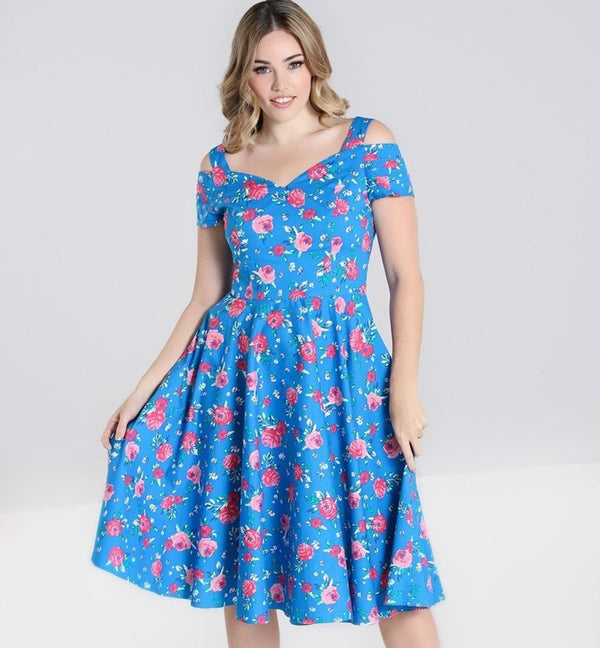 Blue Pink Floral Retro Cold Shoulder Swing Party Dress - Pretty Kitty ...