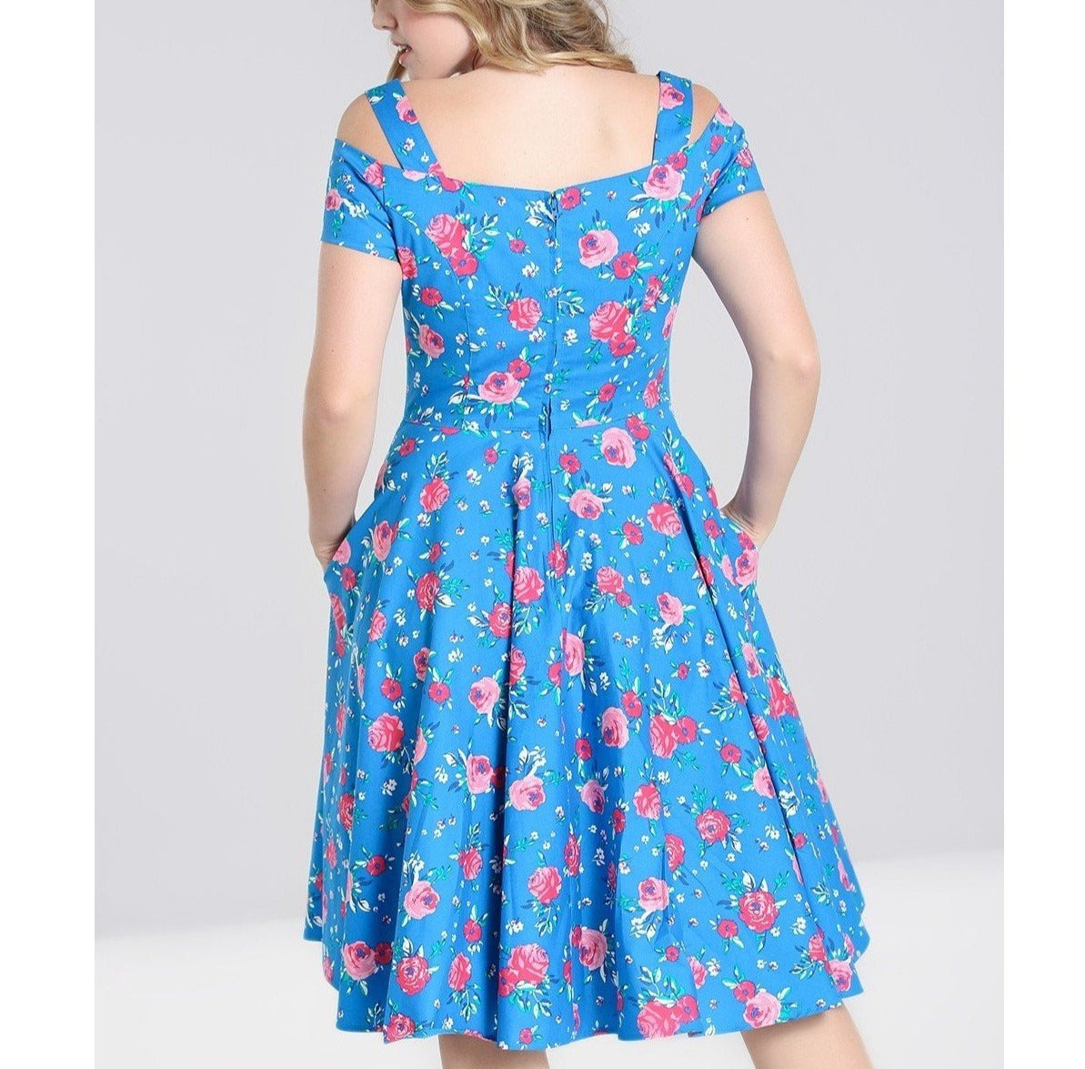 Blue Pink Floral Retro Cold Shoulder Swing Party Dress