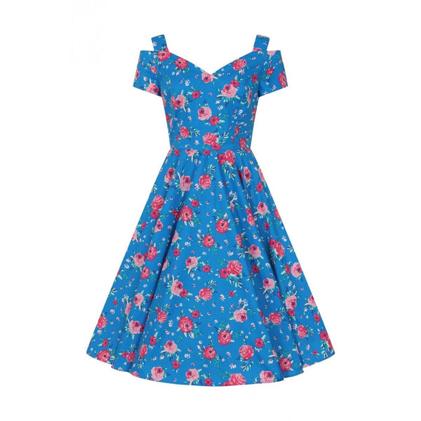 Blue Pink Floral Retro Cold Shoulder Swing Party Dress - Pretty Kitty ...