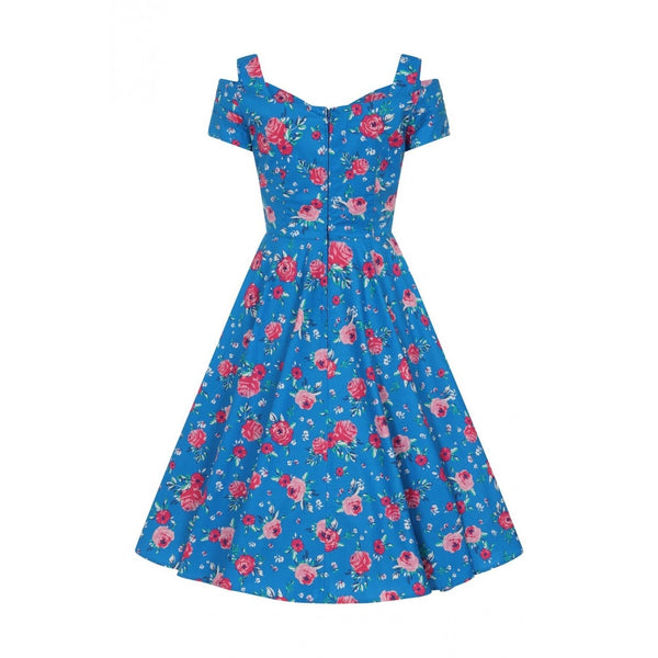 Blue Pink Floral Retro Cold Shoulder Swing Party Dress - Pretty Kitty ...