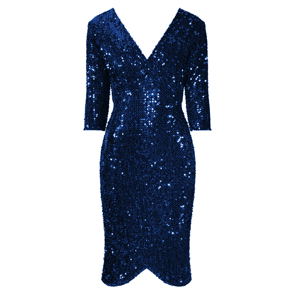 Navy Blue 3/4 Sleeve V Neck Velour Sequin Pencil Wiggle Party Dress