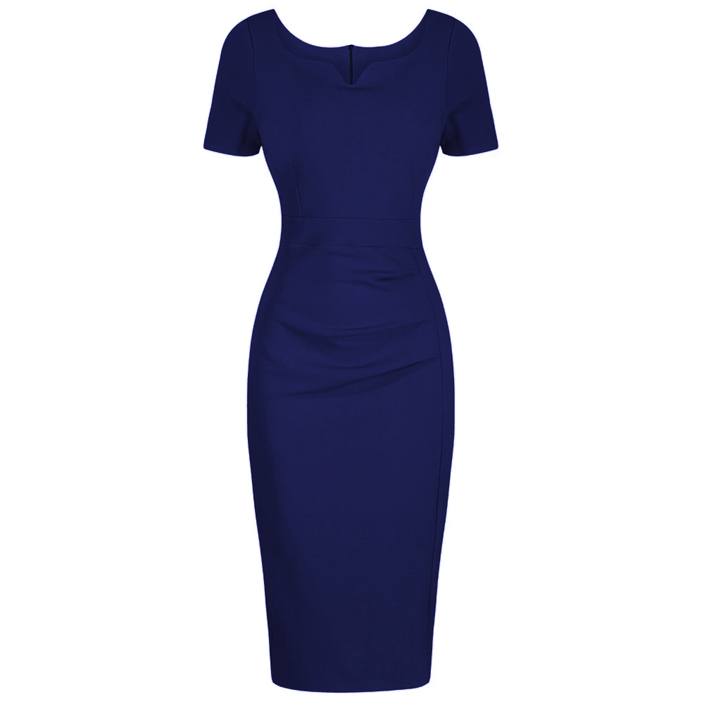 Navy Blue Sweetheart Short Sleeve Bodycon Panelled Ruched Wiggle Dress