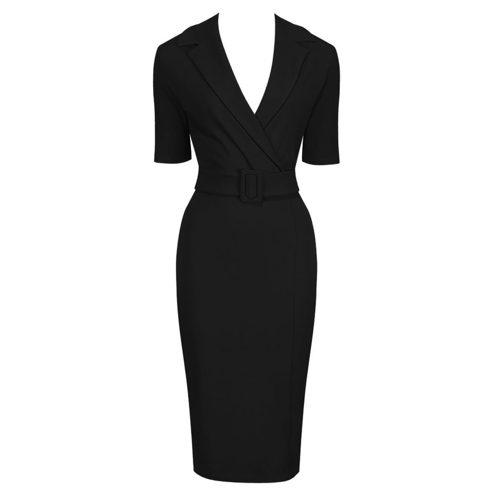 Black Belted Half Sleeve Collared Wiggle Office Dress