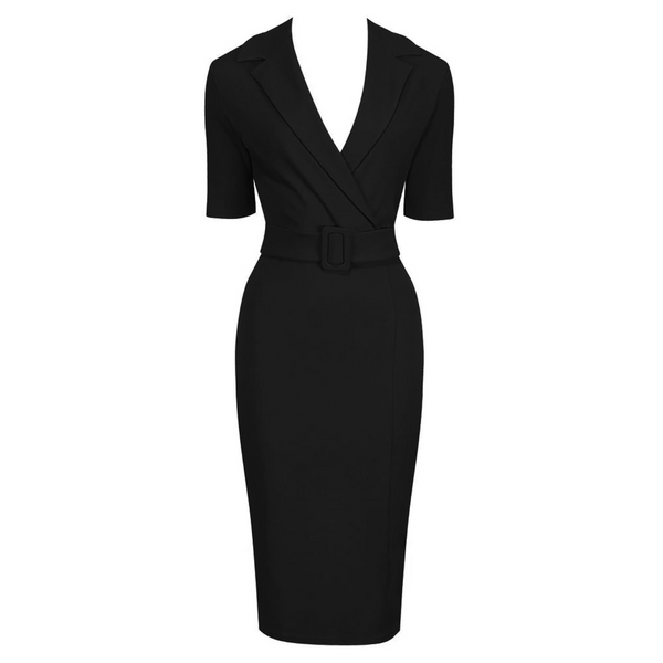 Black Belted Half Sleeve Collared Wiggle Office Dress - Pretty Kitty ...