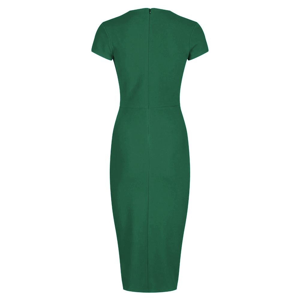 Emerald Green Deep V Neck Cap Sleeve Ruched Waist Bodycon Wiggle Dress