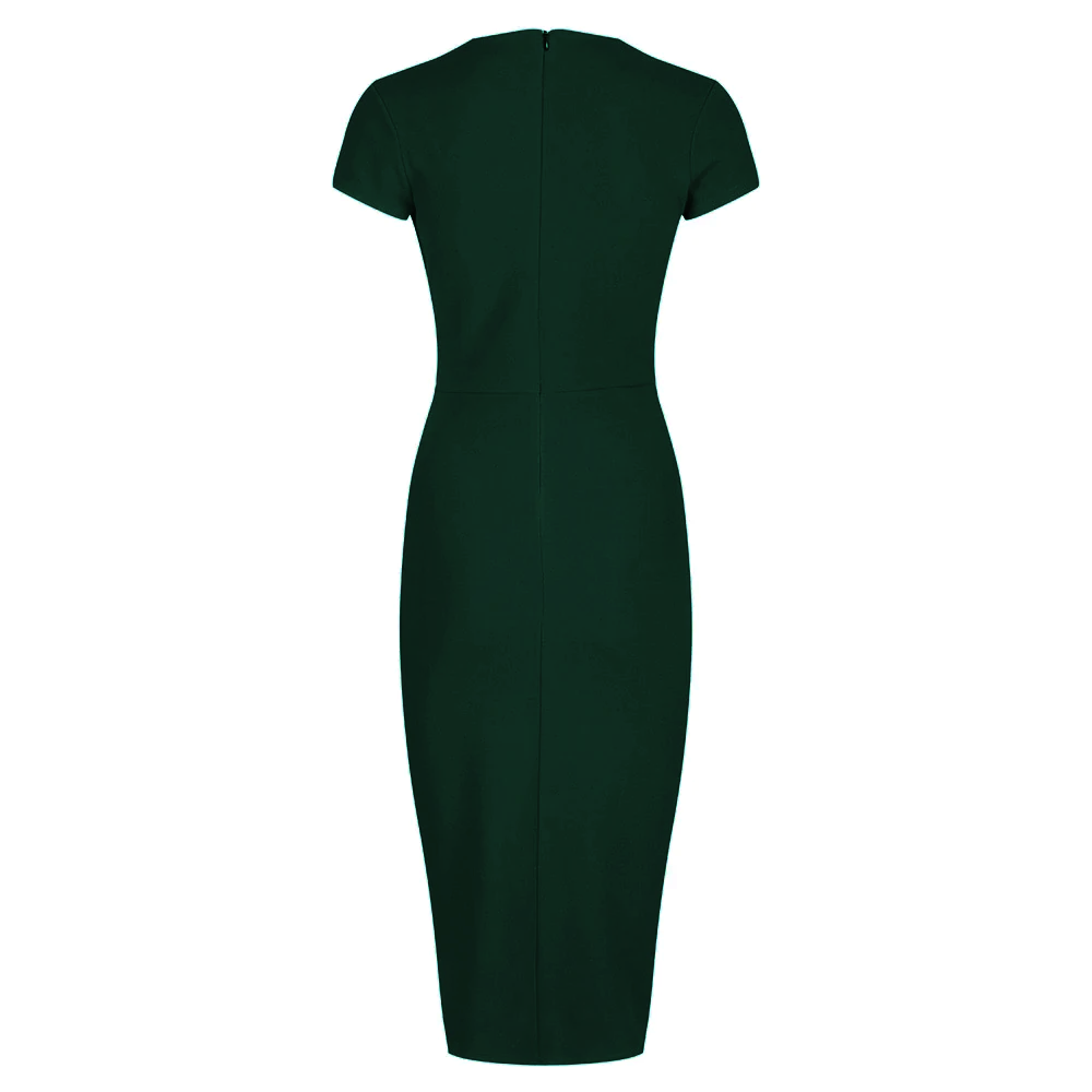 Forest Green Deep V Cap Sleeve Bodycon Ruched Waist Wiggle Dress