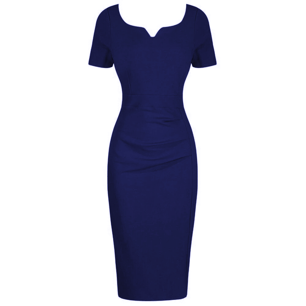 Navy Blue Sweetheart Short Sleeve Bodycon Panelled Ruched Wiggle Dress