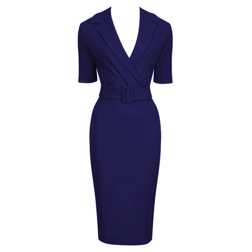 Navy Blue Belted Half Sleeve Collared Wiggle Dress