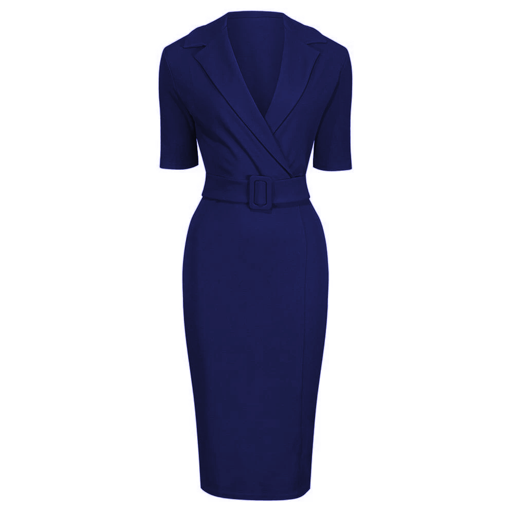 Navy Blue Belted Half Sleeve Collared Wiggle Dress