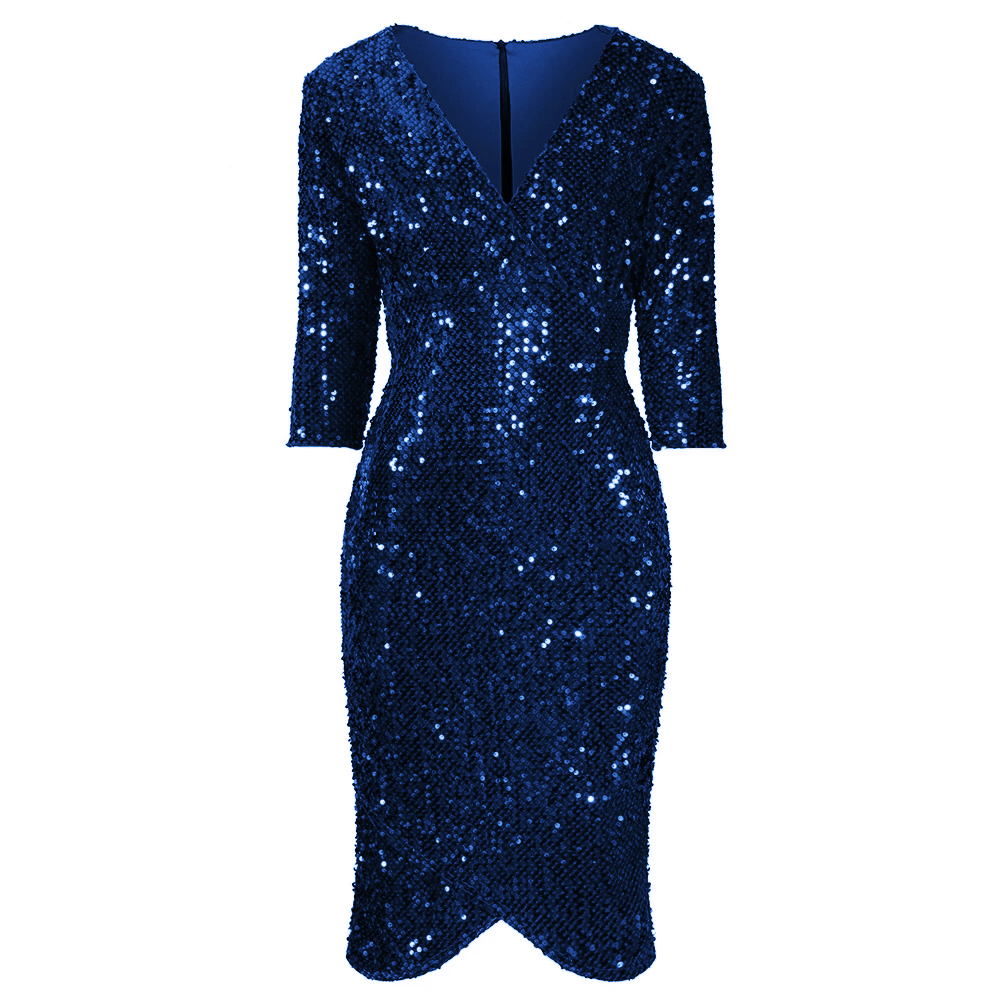 Navy Blue 3/4 Sleeve V Neck Velour Sequin Pencil Wiggle Party Dress