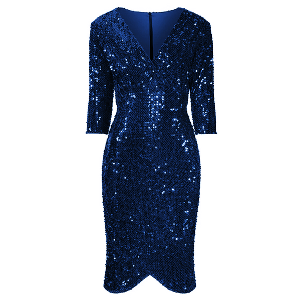 Navy Blue 3/4 Sleeve V Neck Velour Sequin Pencil Wiggle Party Dress ...