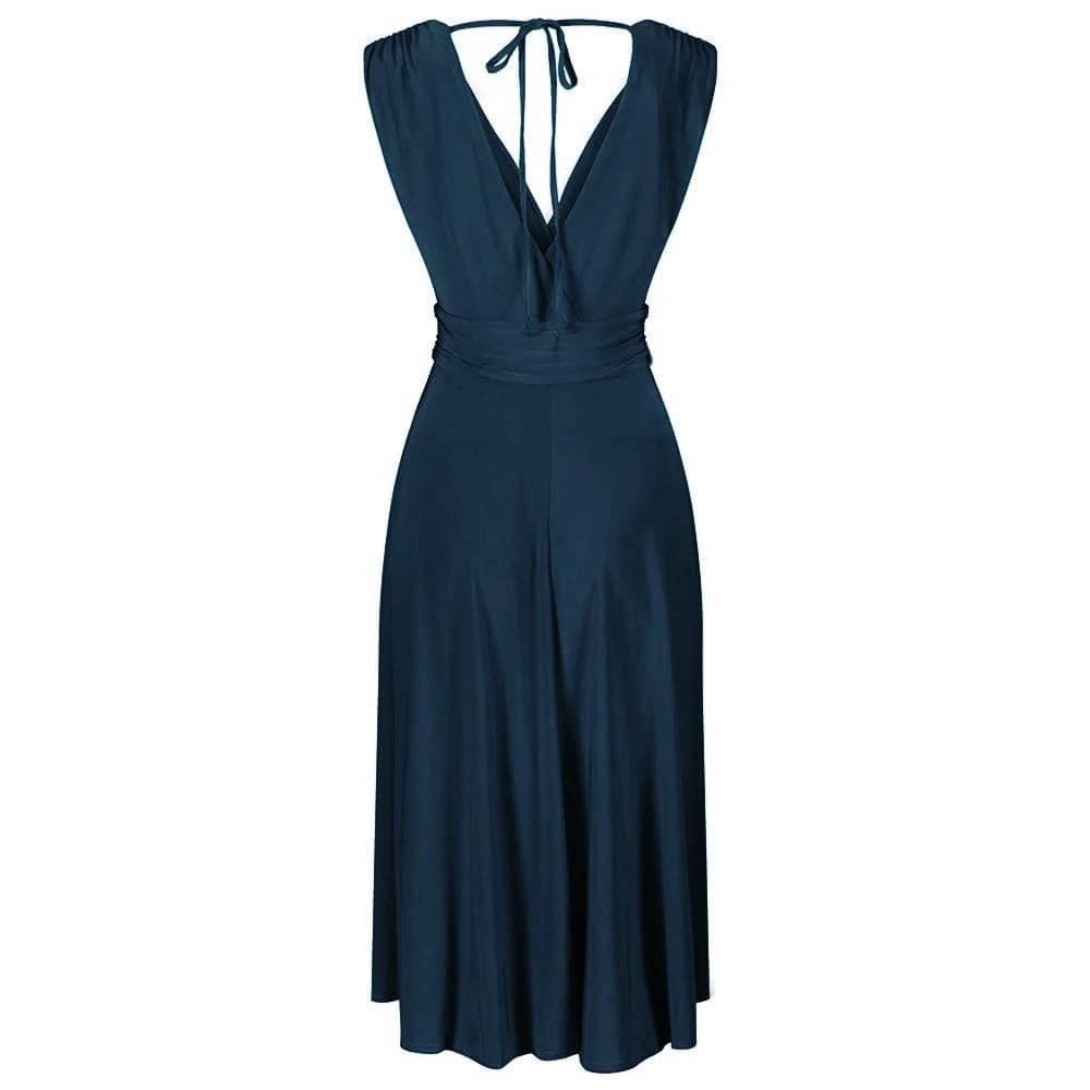 Navy Blue Crossover Top V Neck Tie Waist Cocktail Dress - Pretty Kitty Fashion