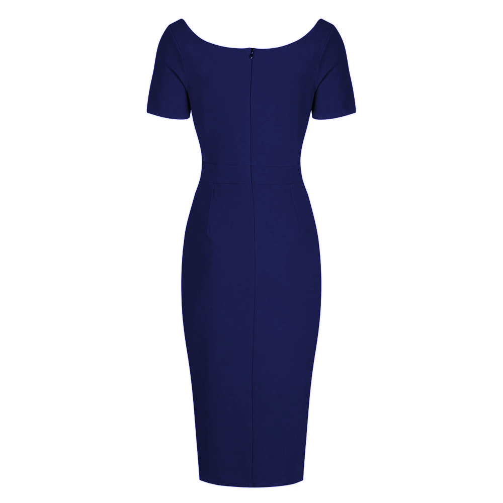 Navy Blue Sweetheart Short Sleeve Bodycon Panelled Ruched Wiggle Dress