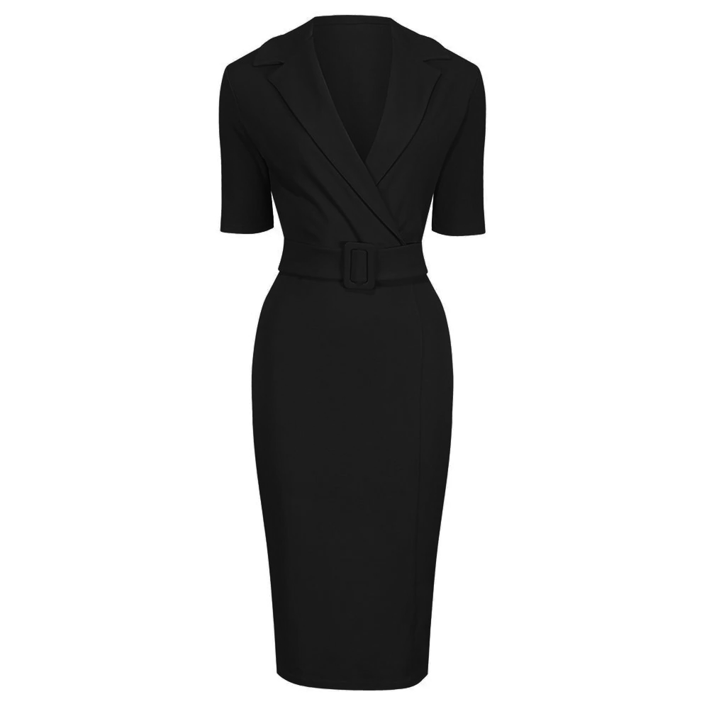 Black Belted Half Sleeve Collared Wiggle Office Dress