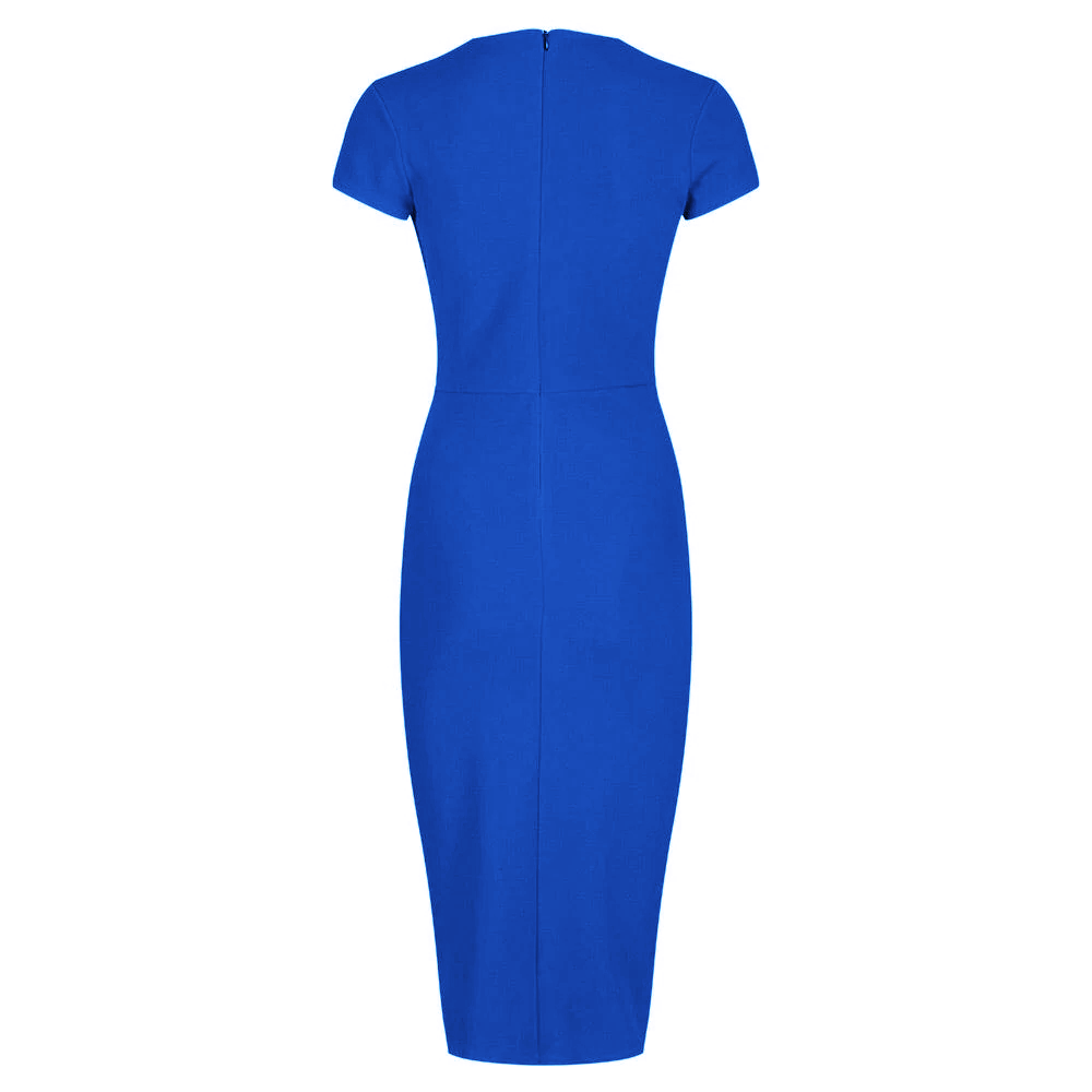 Royal Blue Deep V Cap Sleeve Bodycon Ruched Waist Wiggle Dress