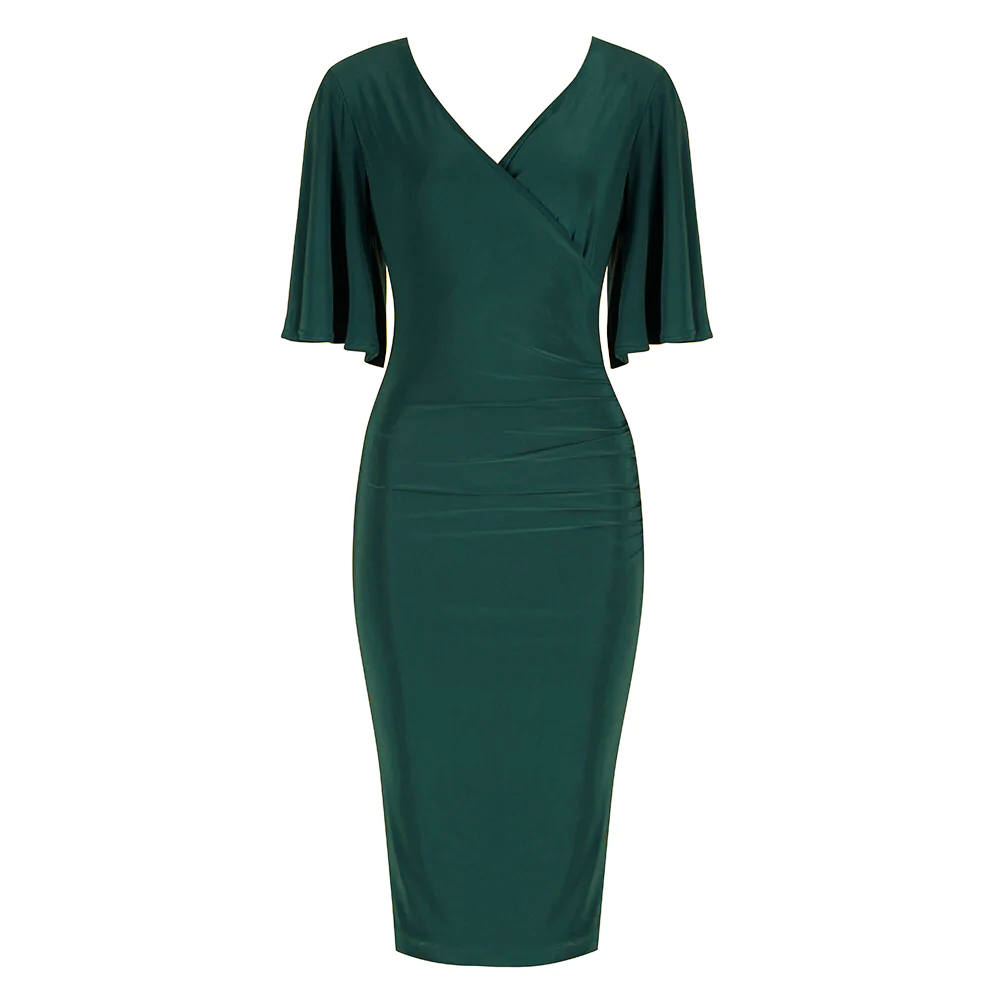 Forest Green Butterfly Sleeve Slinky Cocktail Wiggle Dress