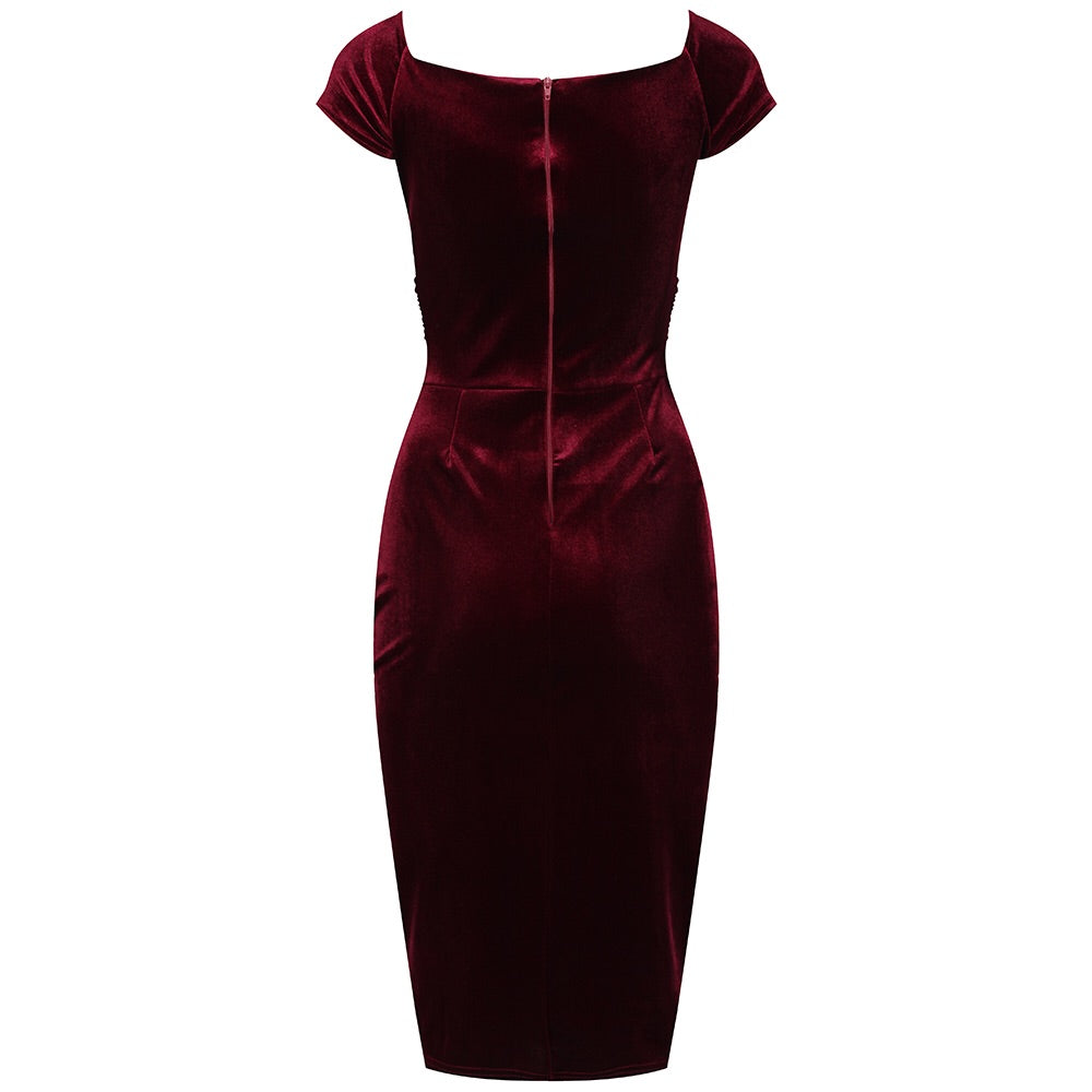 Claret Red Velour Crossover Wiggle Dress - Pretty Kitty Fashion