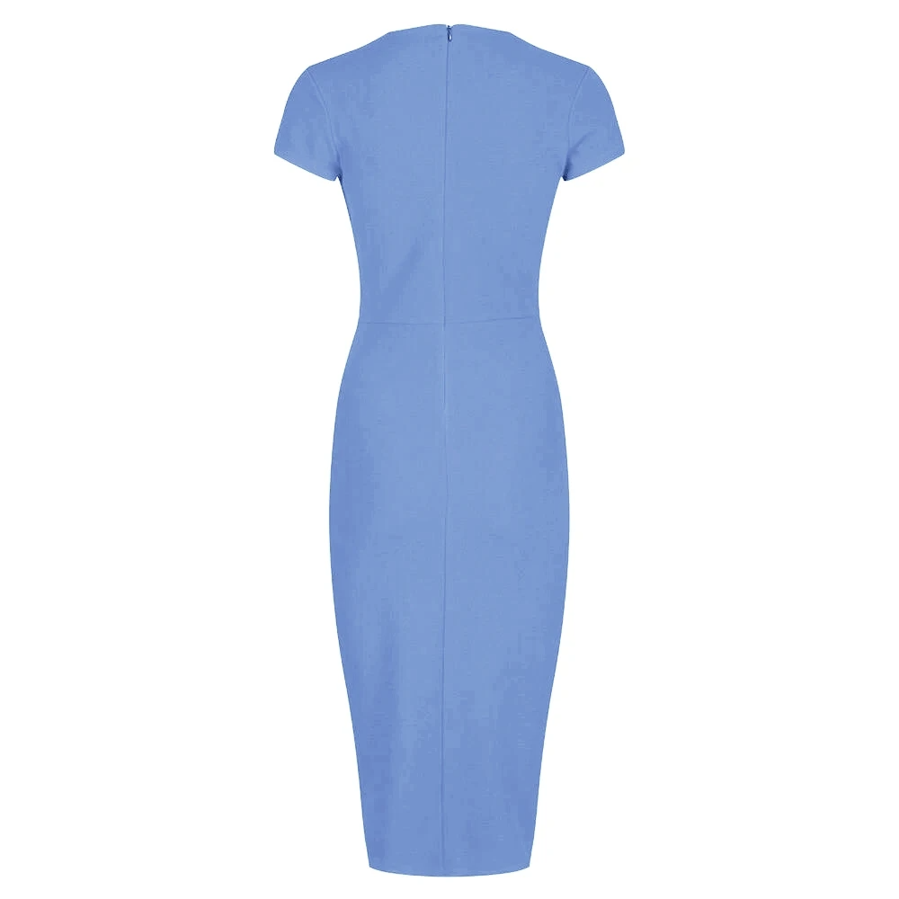 Pretty Blue Deep V Cap Sleeve Bodycon Ruched Waist Wiggle Dress