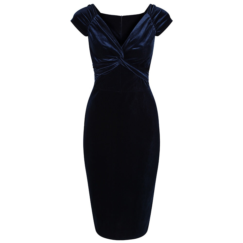Navy Blue Vintage 40s Style Velour Crossover Bust Wiggle Dress - Pretty Kitty Fashion