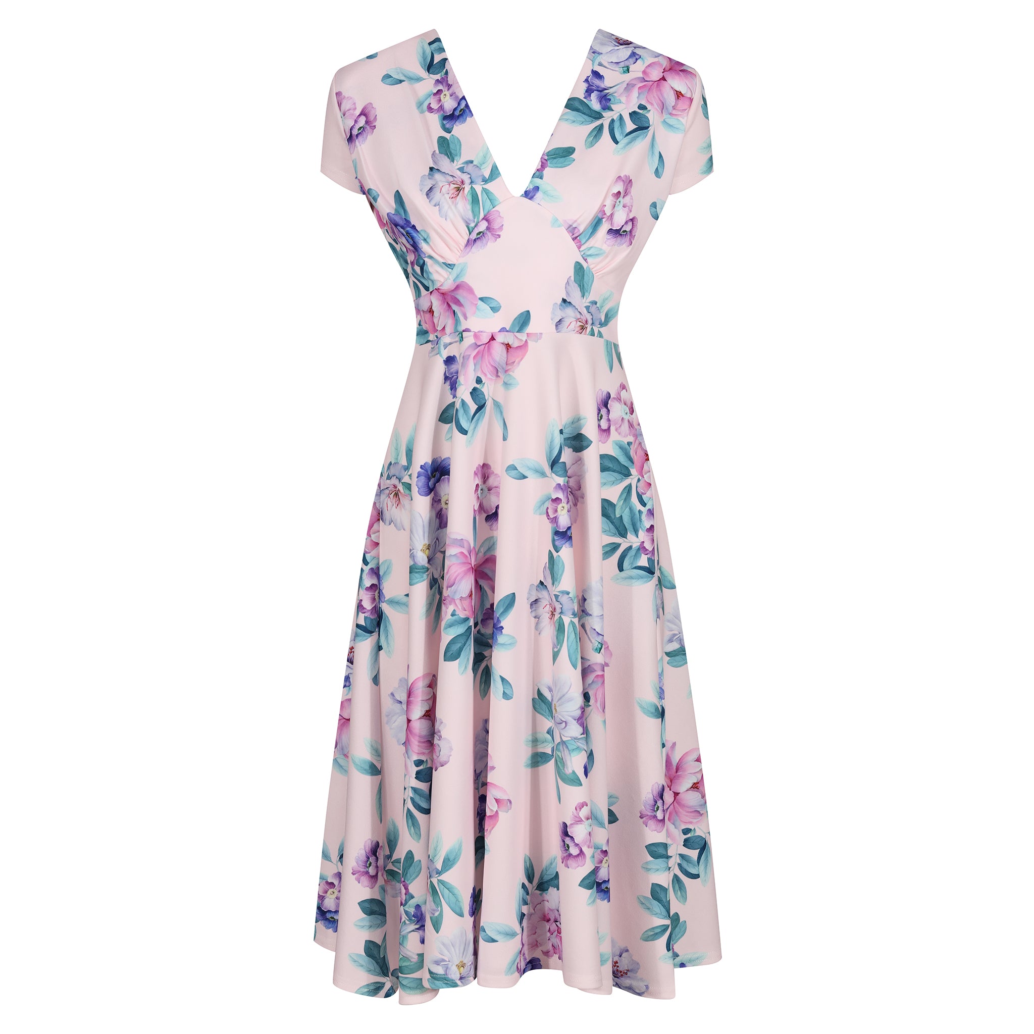 Pink Floral Print Ruched Bust Deep V Neck Cap Sleeve 50s Swing Dress