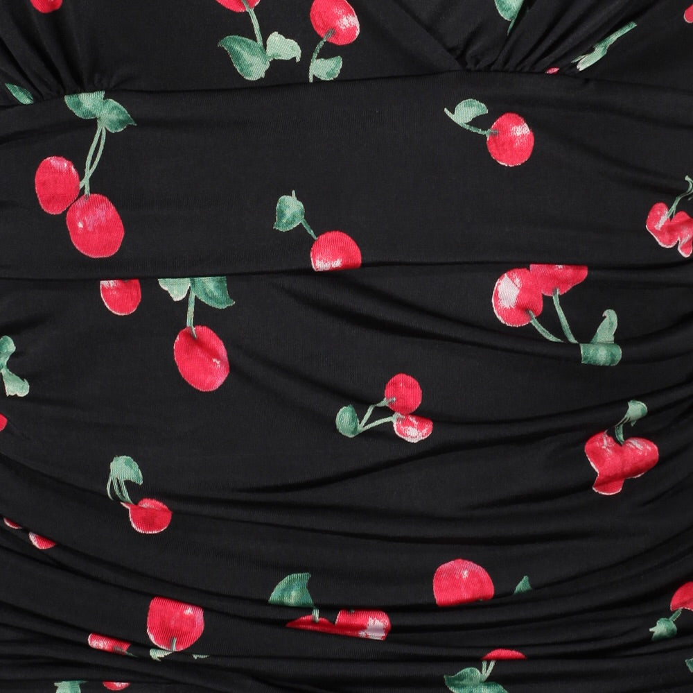 Black and Red Cherry Print Crossover Top Grecian V Neck 50s Swing Dress - Pretty Kitty Fashion