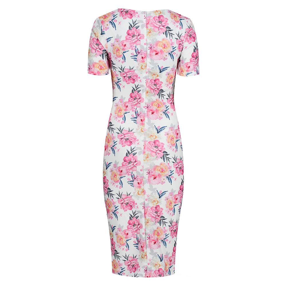 White Pink Floral Print Short Sleeve Summer Bodycon Wiggle Dress