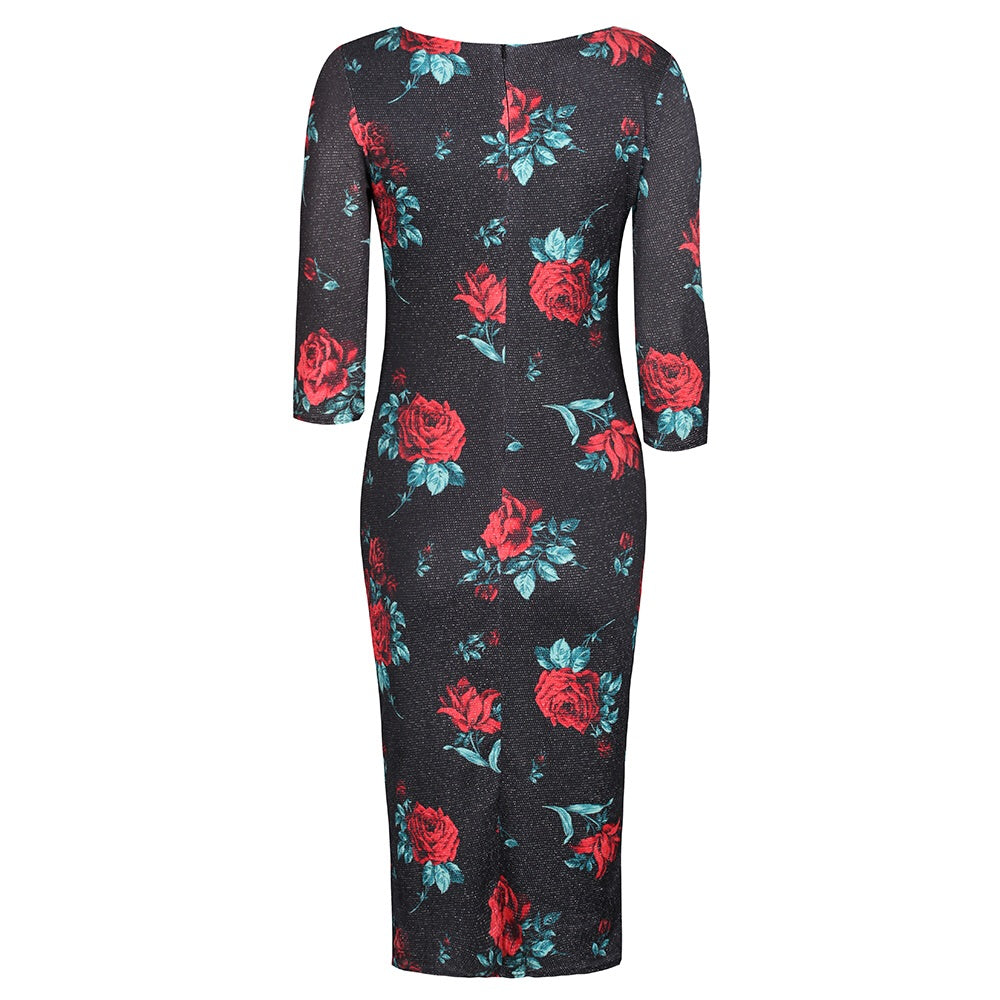 Black and Red Rose Print 1940s Sparkle Bodycon Pencil Wiggle Party Dress - Pretty Kitty Fashion