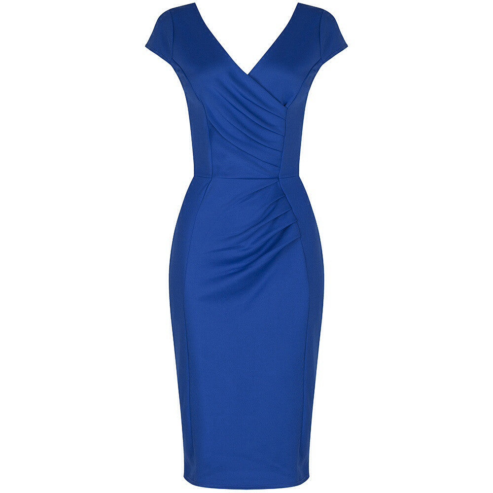 Royal Blue Capped Sleeve Bodycon Wiggle Dress - Pretty Kitty Fashion