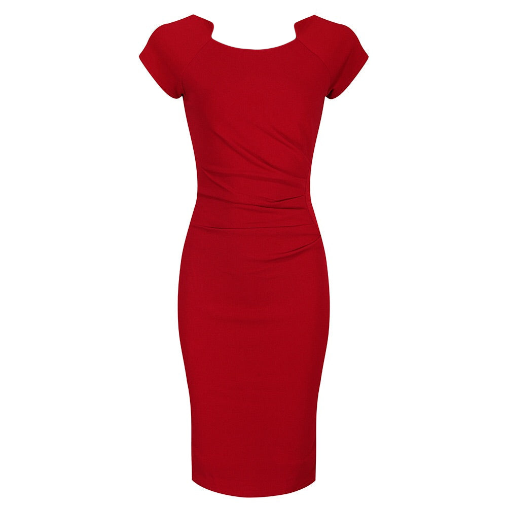 Red Capped Sleeve Ruched Bodycon Pencil Dress