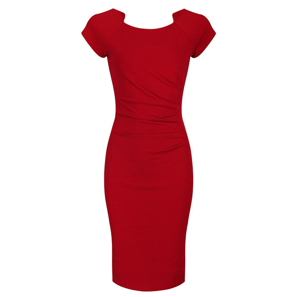 Red Capped Sleeve Ruched Bodycon Pencil Dress - Pretty Kitty Fashion