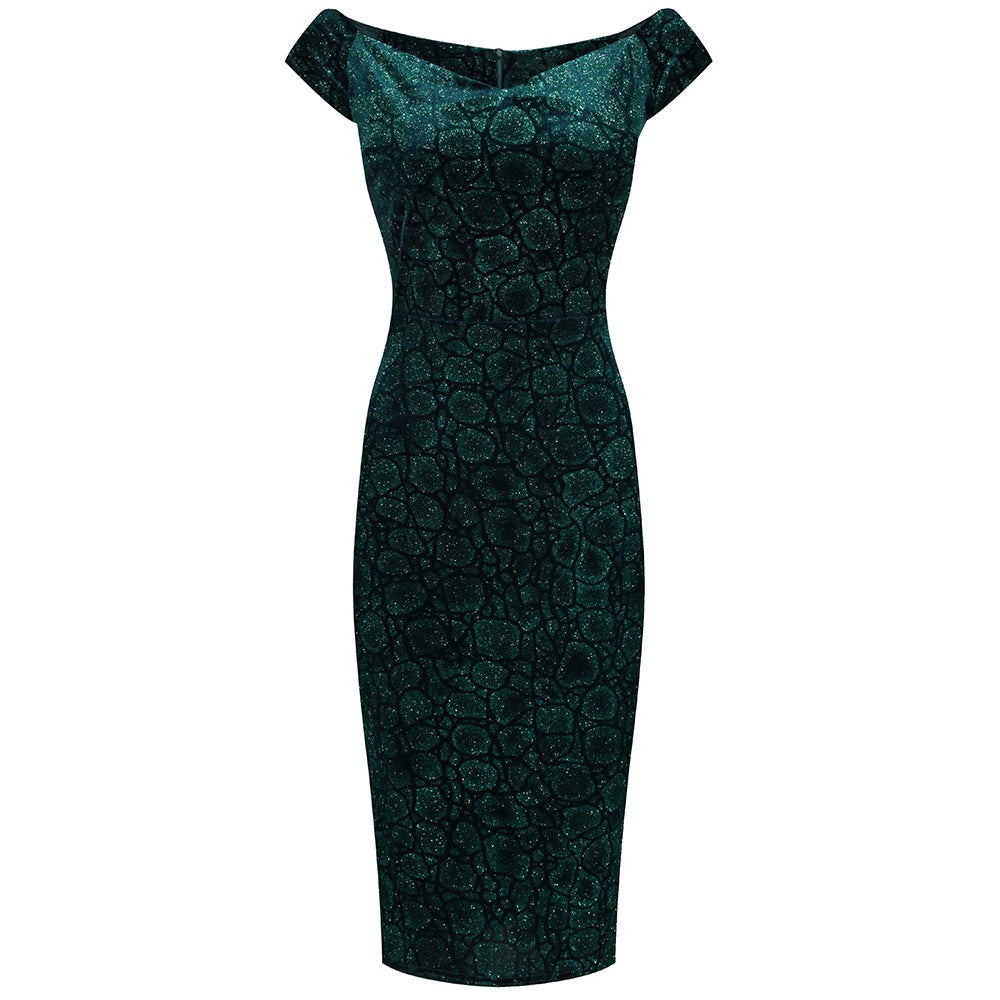 Green Vintage Animal Print Velvet Capped Sleeve Wiggle Dress - Pretty Kitty Fashion