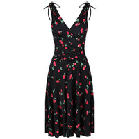 Black and Red Cherry Print Crossover Top Grecian V Neck 50s Swing Dress - Pretty Kitty Fashion