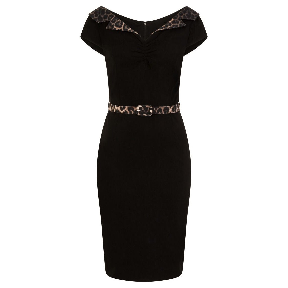 Black And Leopard Print Detail Belted Capped Sleeve Pencil Dress - Pretty Kitty Fashion