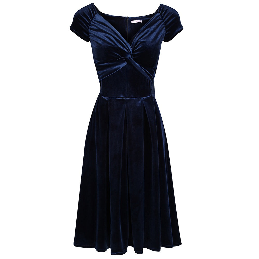 Navy Blue Velour Crossover Vintage Midi Party Dress - Pretty Kitty Fashion