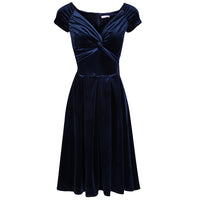 Navy Blue Velour Crossover Vintage Midi Party Dress - Pretty Kitty Fashion