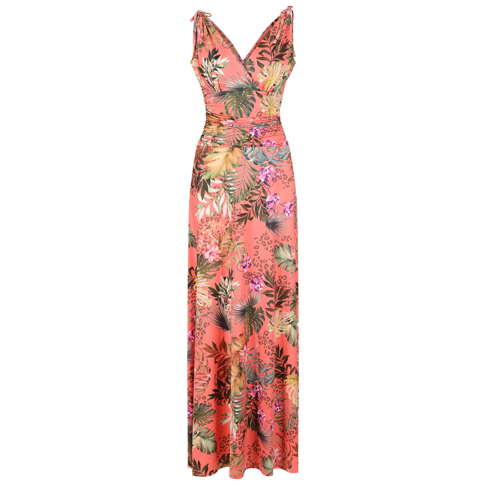 Coral Floral Print Slinky Summer Maxi Dress