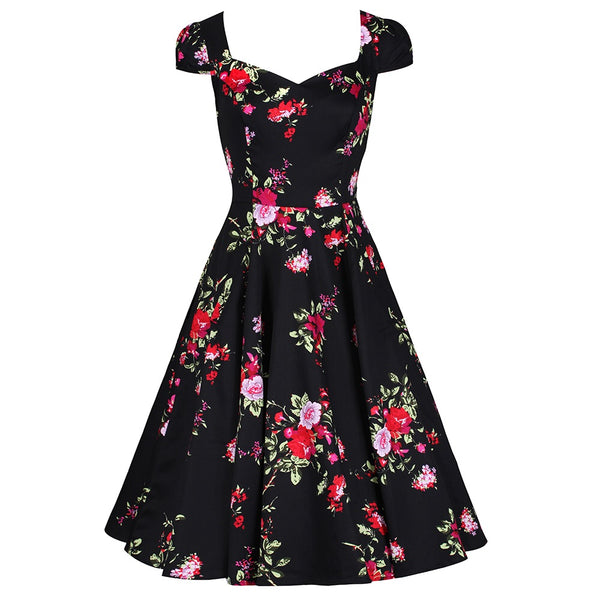 Black Floral Blossom Print Rockabilly 50s Swing Dress - Pretty Kitty ...