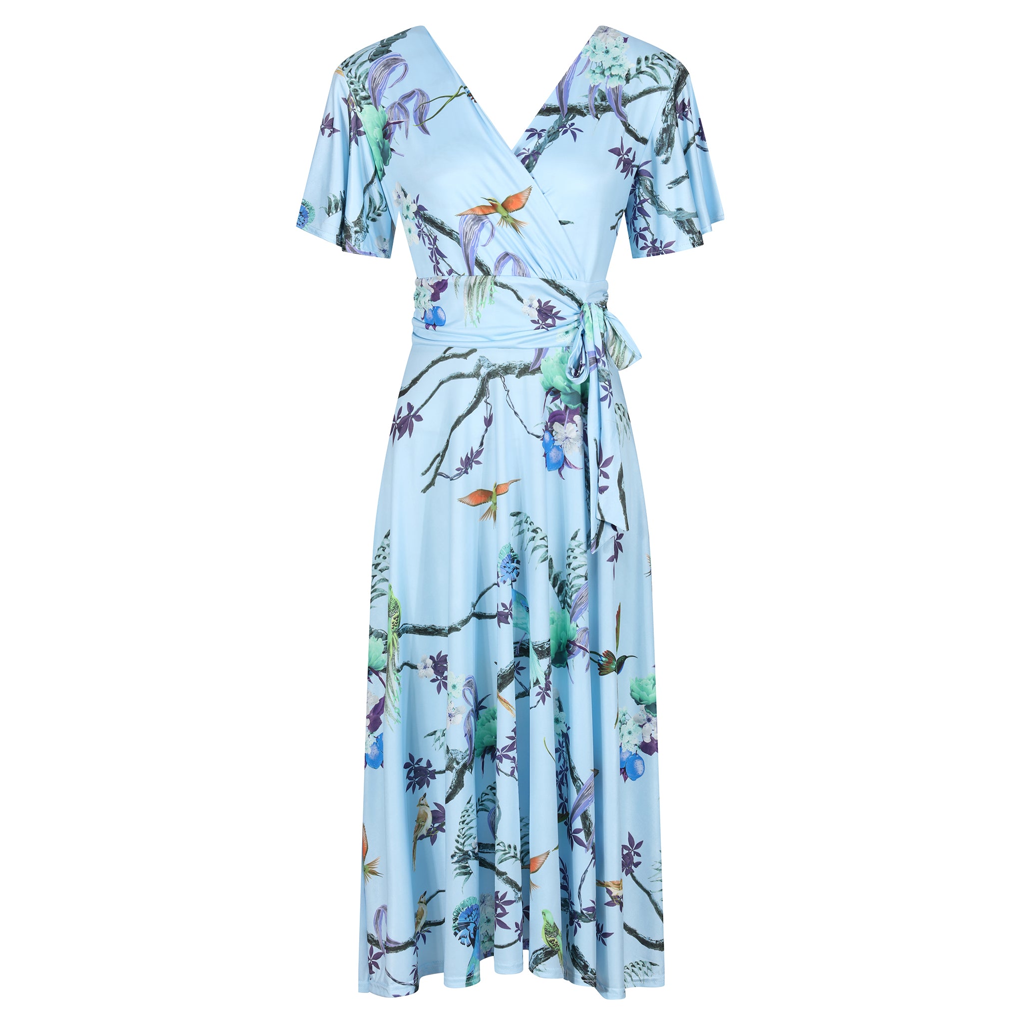 Blue Floral Bird Print Cap Sleeve V Neck Wrap Top Swing Dress