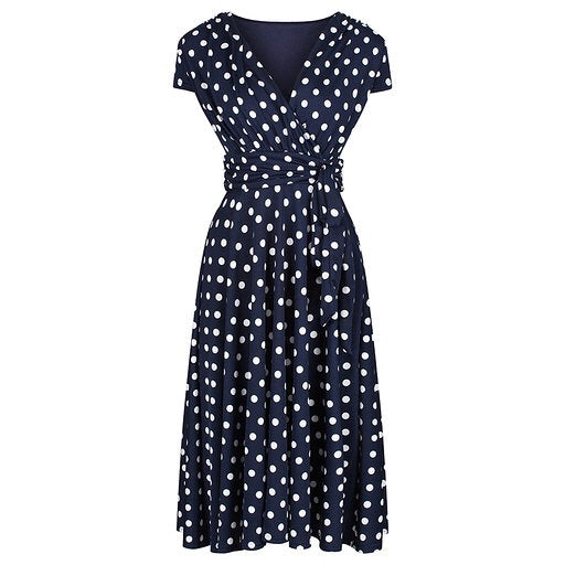 Navy Blue Polka Dot Cap Sleeve Fit And Flare Midi Dress - Pretty Kitty Fashion