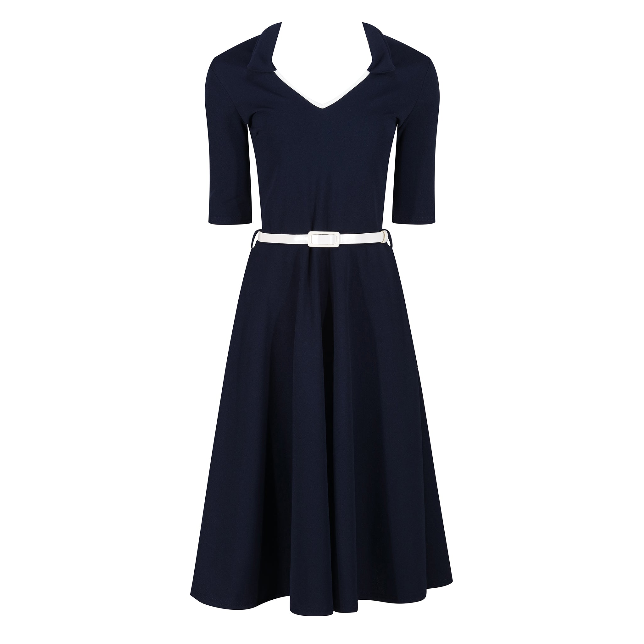 Navy Blue 1/2 Sleeve Nautical Collared Vintage Midi Swing Dress