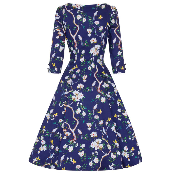 Navy Blue Bird and Floral Print 3/4 Sleeve 50s Swing Dress - Pretty ...