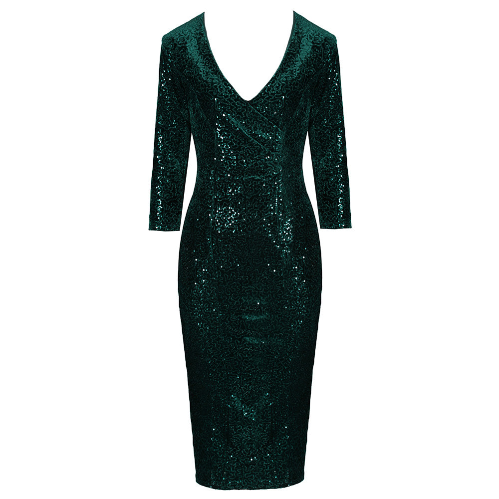Dark Green 3/4 Sleeve V Neck Velour Sequin Pencil Wiggle Dress