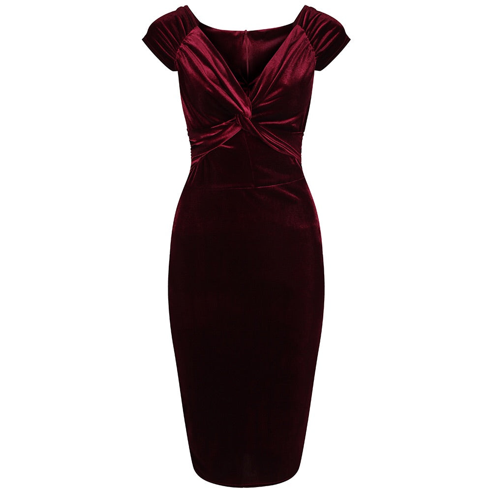 Claret Red Velour Crossover Wiggle Dress - Pretty Kitty Fashion