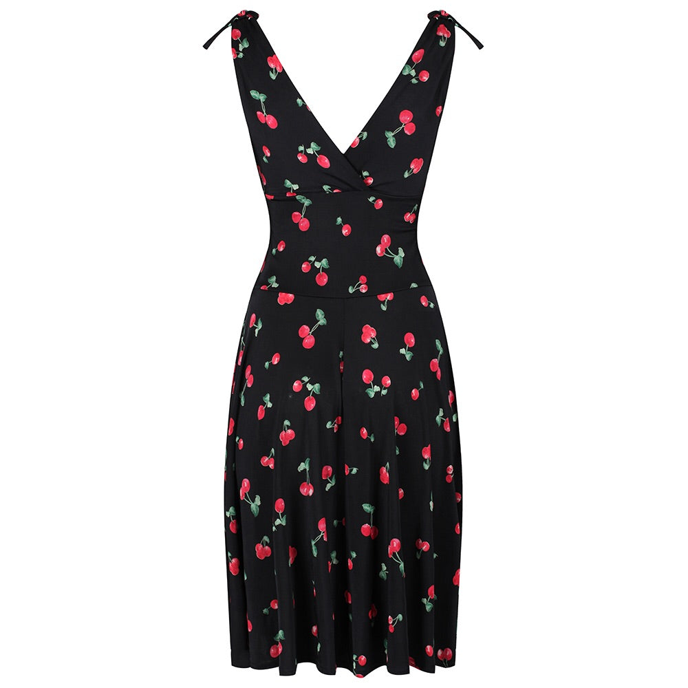 Black and Red Cherry Print Crossover Top Grecian V Neck 50s Swing Dress - Pretty Kitty Fashion