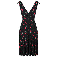 Black and Red Cherry Print Crossover Top Grecian V Neck 50s Swing Dress - Pretty Kitty Fashion