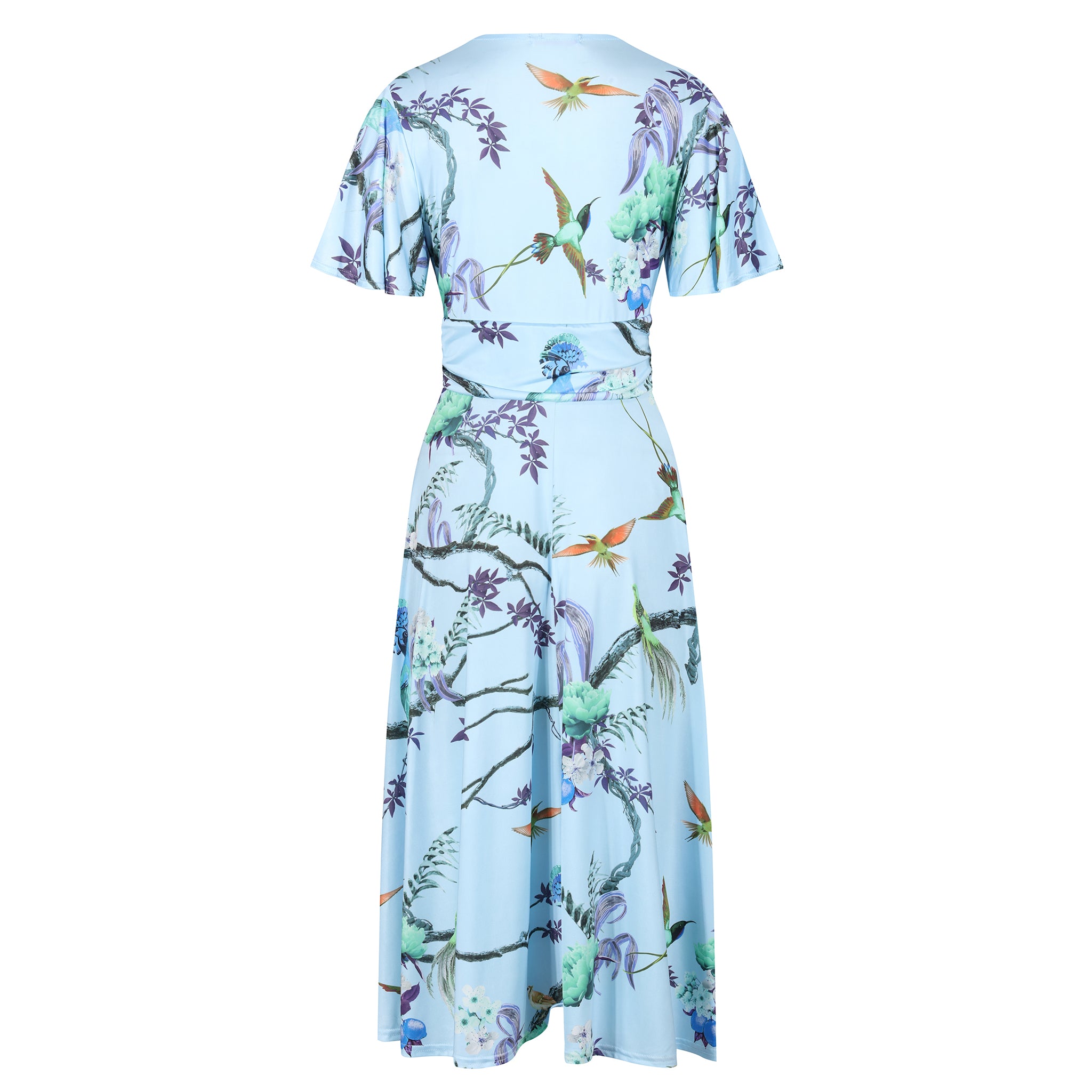 Blue Floral Bird Print Cap Sleeve V Neck Wrap Top Swing Dress