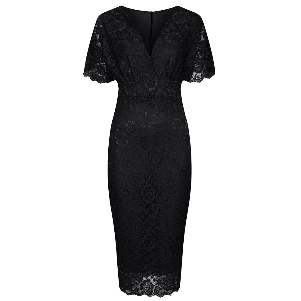 Black Vintage Capped Sleeve Rose Lace Pencil Wiggle Dress - Pretty Kitty Fashion