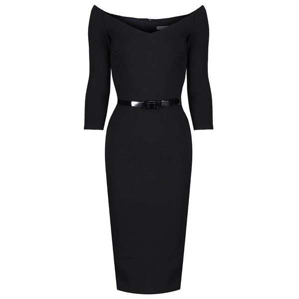 Black Wide V Neck 3/4 Sleeve Vintage Style Belted Bodycon Pencil Dress ...