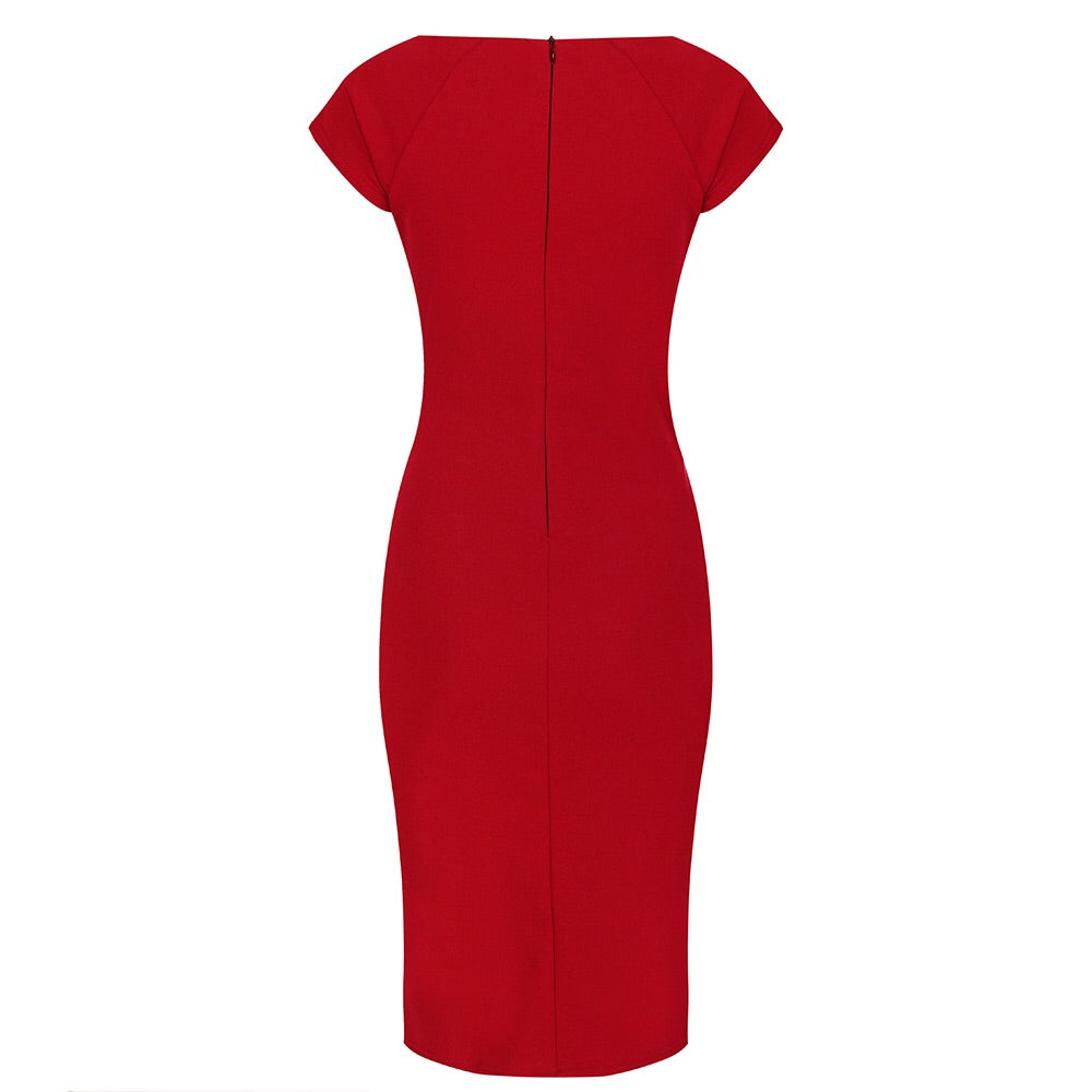 Red Capped Sleeve Ruched Bodycon Pencil Dress - Pretty Kitty Fashion