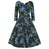 Black And Blue Floral Print 3/4 Sleeve 50s Swing Dress